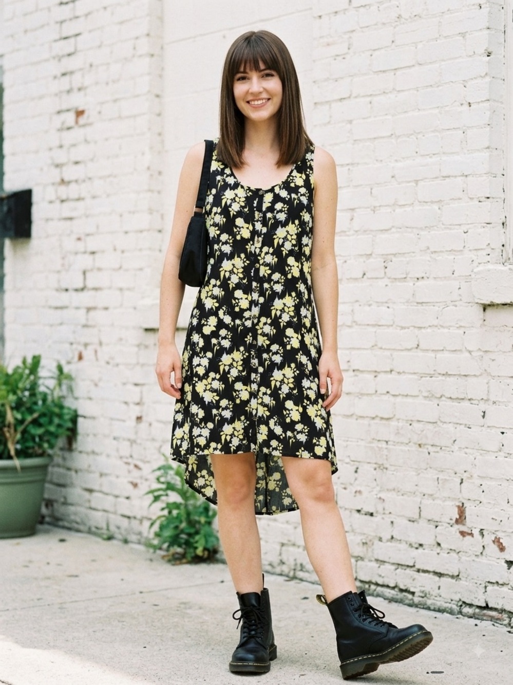 Volcom Floral Chips Tank Dress High Low Button Front Black Yellow M